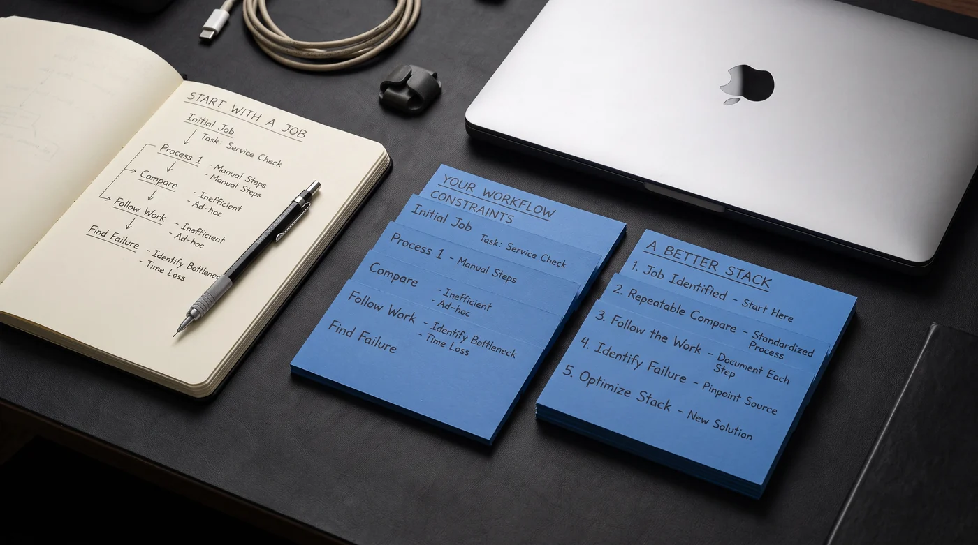 A laptop, notebook and blue workflow planning cards.