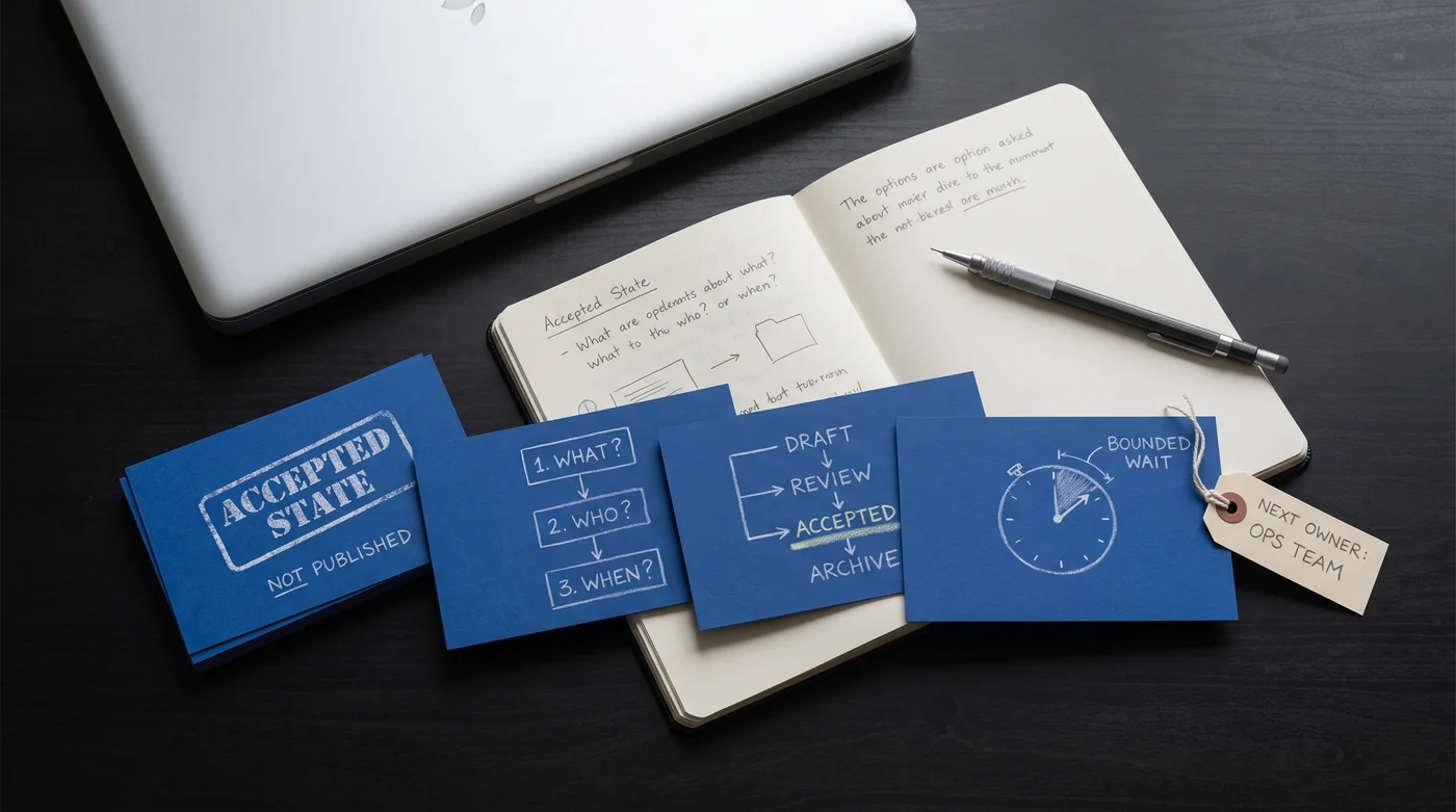 Accepted is a state, not a published page Blue publishing-status cards beside a notebook and timer.
