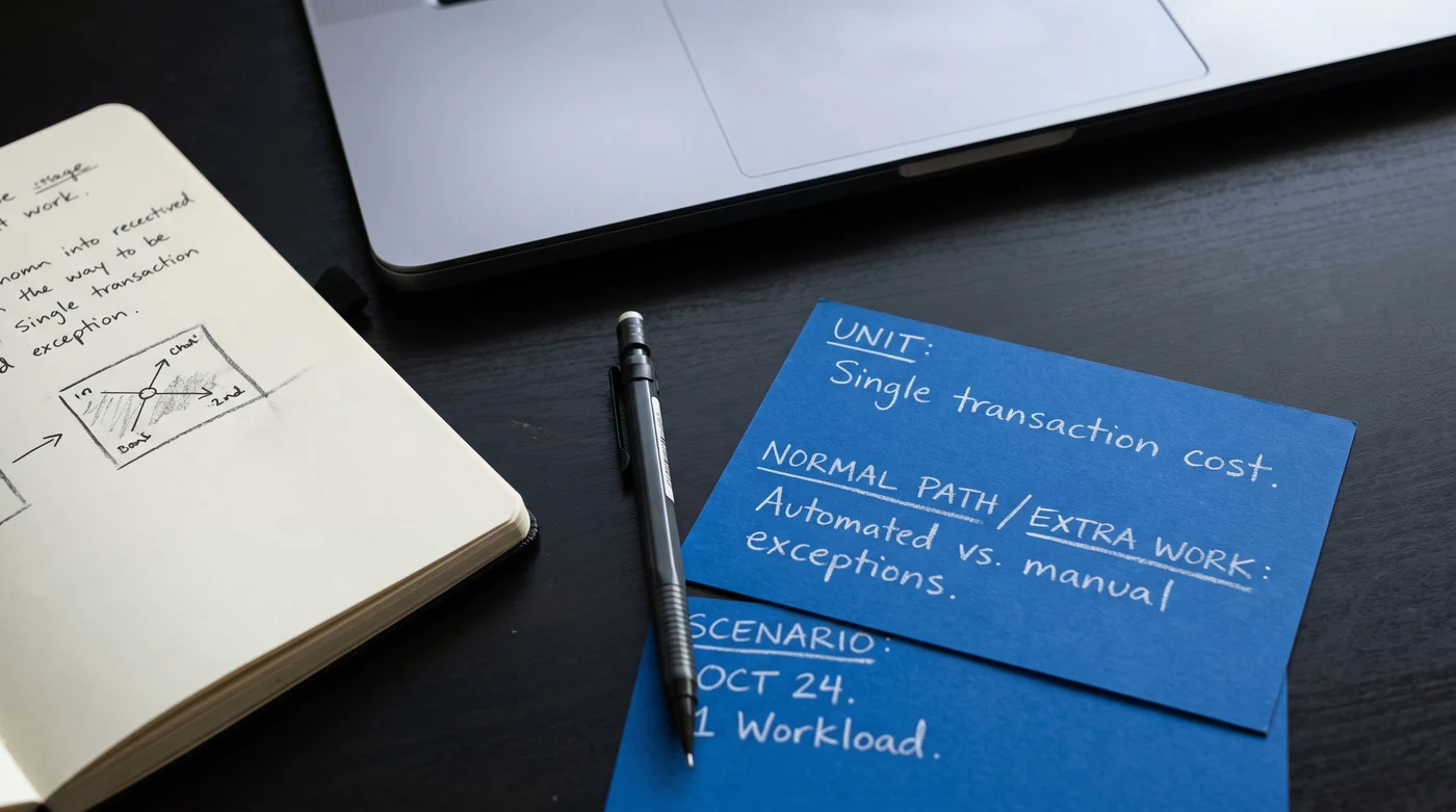 Compare automation costs with one workload A blue transaction-cost card beside a notebook and laptop.