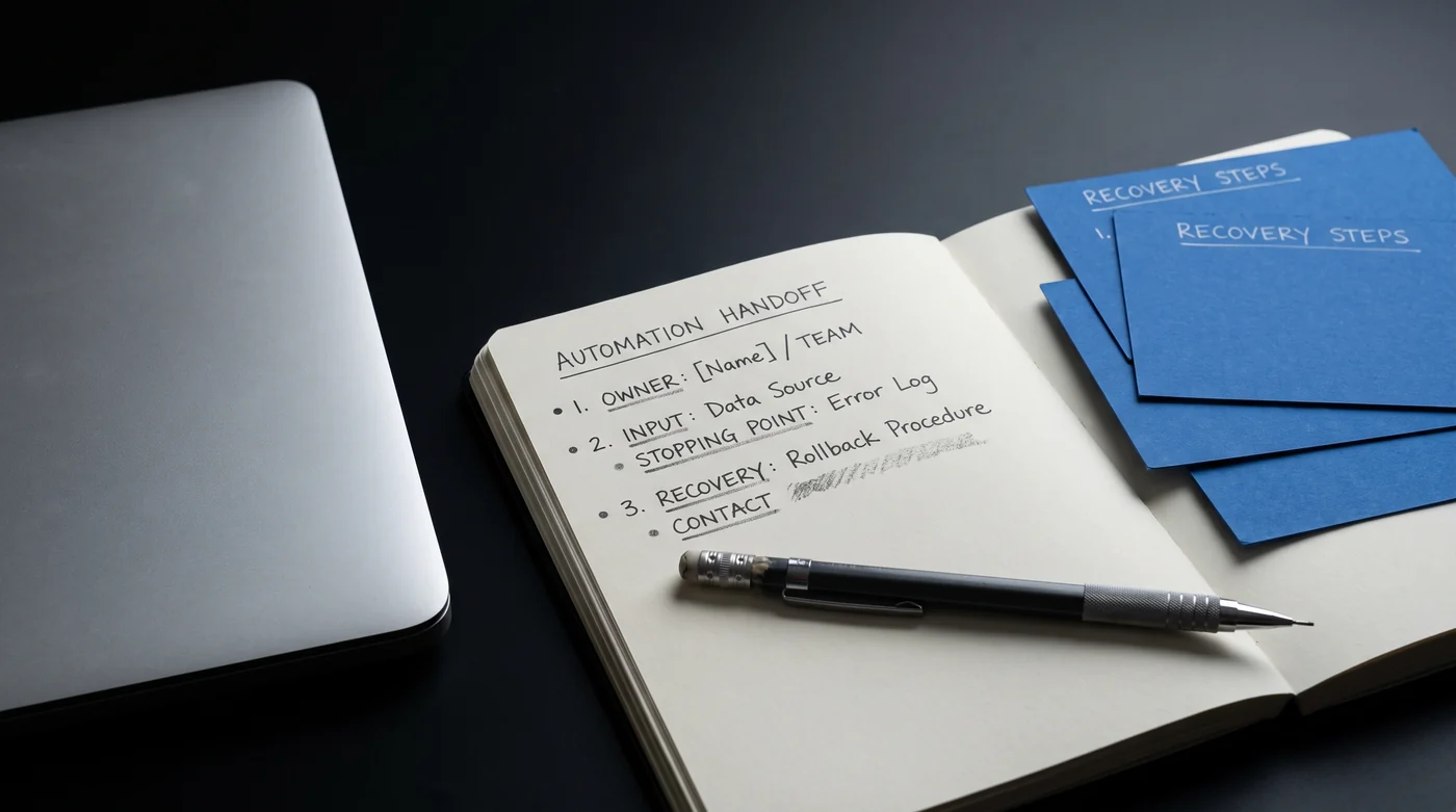 Write an automation handoff that someone can own A notebook and blue recovery cards beside a laptop.