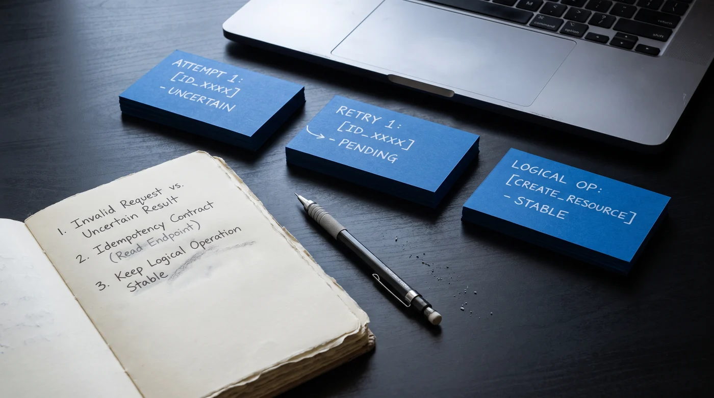 Before retrying, find the first attempt Blue retry-state cards beside a laptop and process notebook.