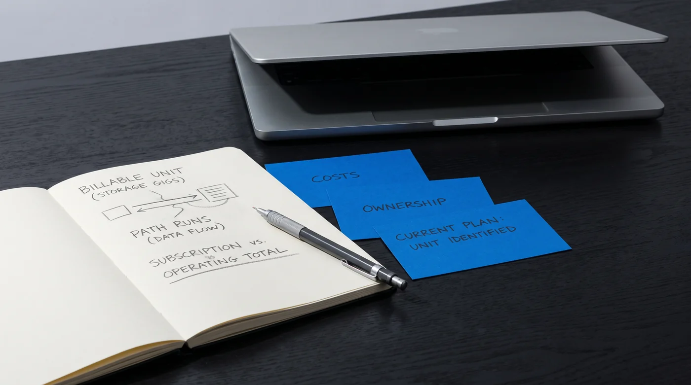 A laptop and cost notebook beside blue billing cards.