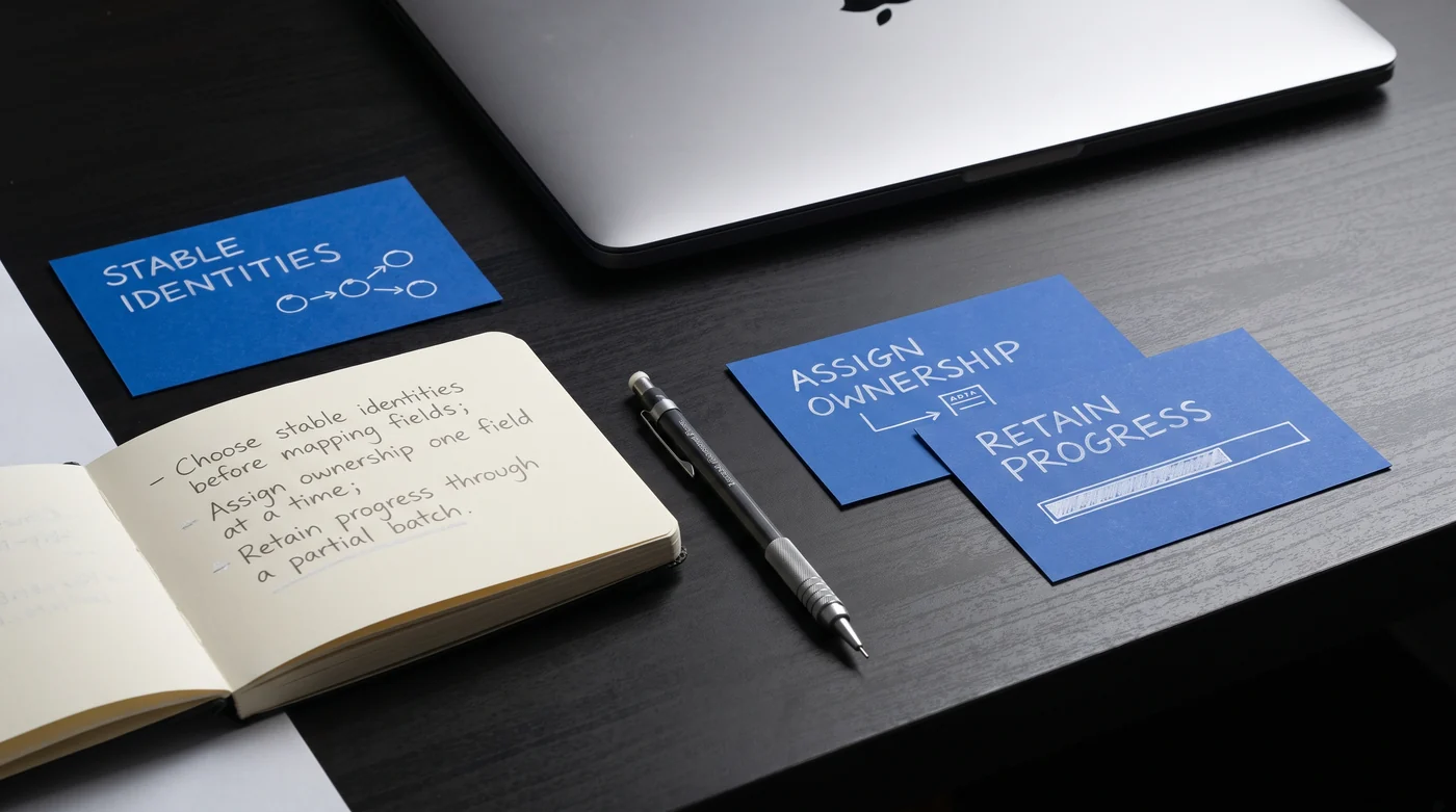 A notebook beside blue data-ownership and progress cards.