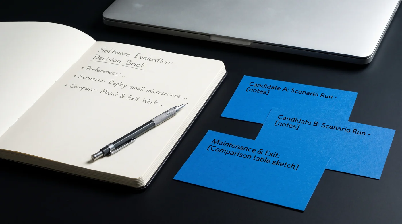 A notebook beside blue scenario and ownership comparison cards.