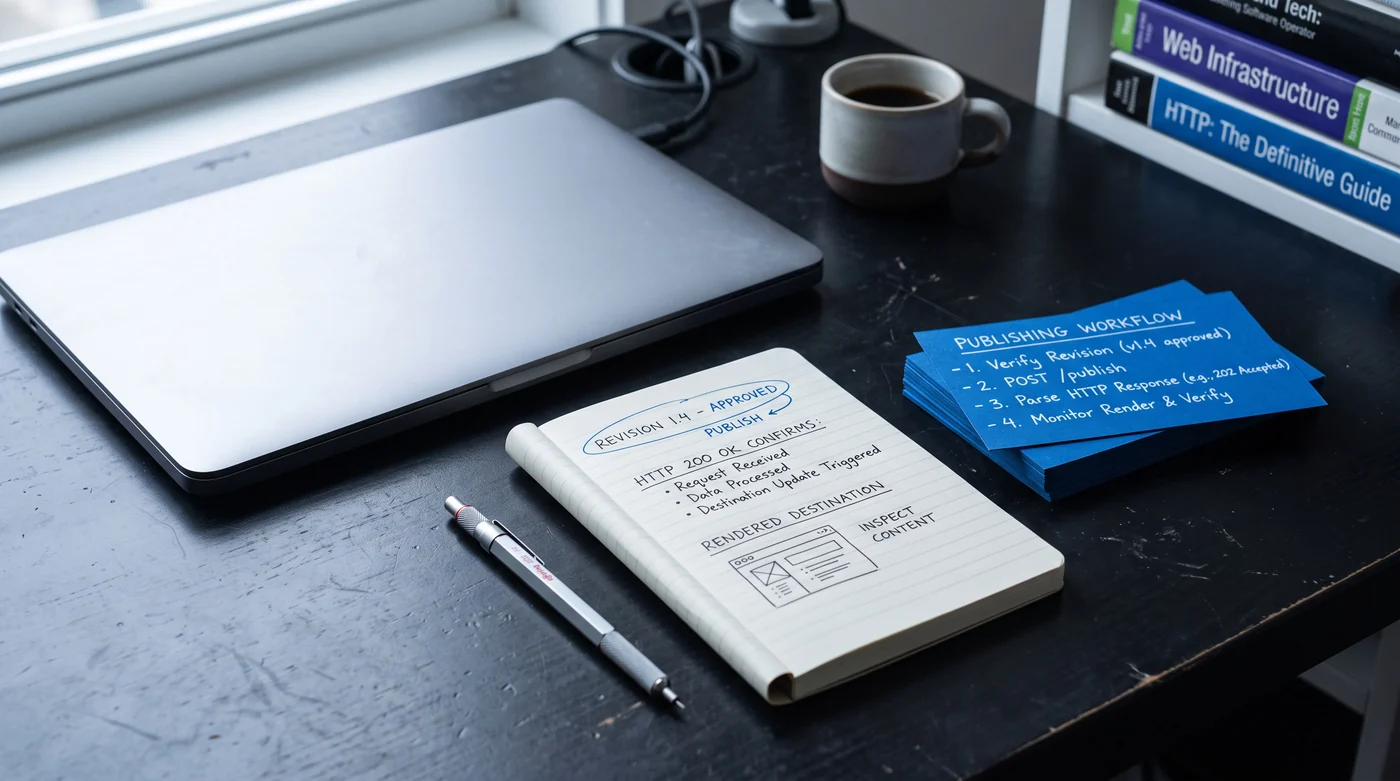 A notebook and workflow notes beside a laptop and coffee mug.