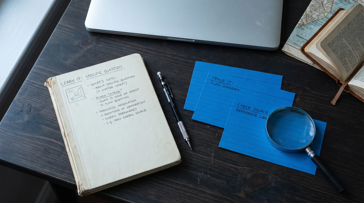 Books, a magnifying glass and source notes on a dark desk.