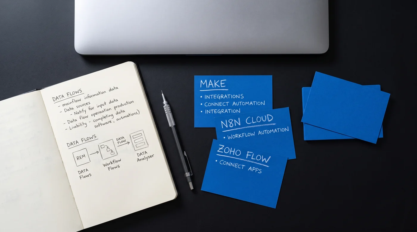 Choose around the work. A laptop and notebook beside blue software comparison cards.
